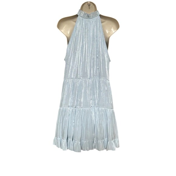 Cinq à Sept Phyllis Size 10 Keyhole Neck Tiered Mini Dress Metallic Blue - Picture 6 of 15